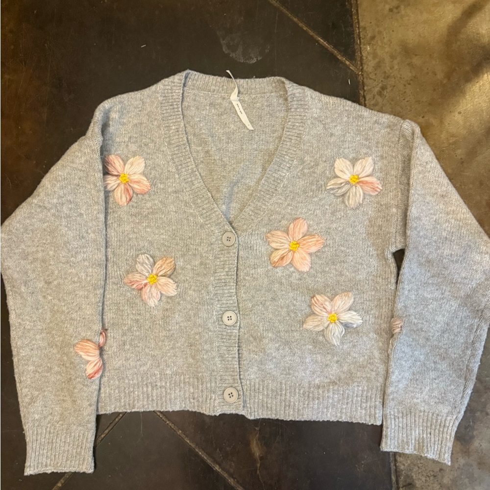 Dreamers Gray and Pink Floral Cardigan Sweater